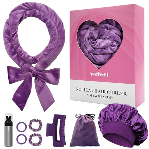 weiwei Lockenwickler Über Nacht, Samt Heatless Overnight Curls Band Locken ohne Hitze, 70 Haarwickler DIY Hair Curler Rollers Lockenband, 9 Stück Locken Set mit Schlafmütze für Langes Haar (Lila)