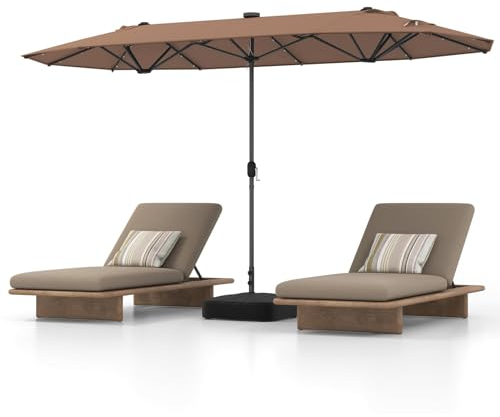 RELAX4LIFE Sonnenschirm, Doppelsonnenschirm mit Ständer & Handkurbel, Großer Marktschirm 400 x 200 cm, Gartenschirm, Terrassenschirm, Sonnenschutz (Braun, Mit LED-Solar-Beleuchtung)