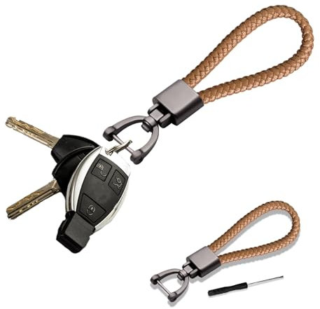 deemars Autoschlüsselanhänger aus echtem Leder, Autoschlüsselhalter mit 360 Grad drehbarem D-Ring und Schraubendreher, Woven Strap Braided Rope Schlüsselanhänger Universal für Männer (Braun)
