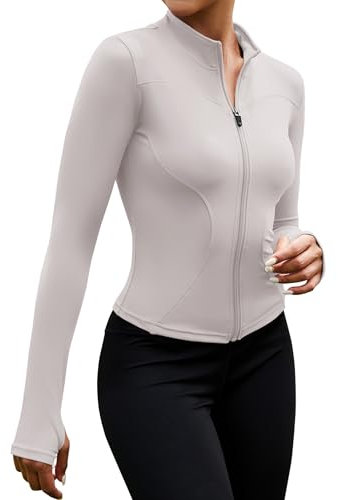 EFFAN Sportjacke Damen Eng Laufshirt Sport Yoga Shirt Langarm Eng Running-Bekleidung Pilates Jacke Outfit Gym Oberteil Klamotten Running Laufjacke Elfenbeingrau M