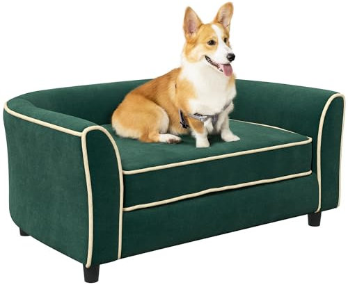 PawHut Stilvolles Hundesofa für kleine und mittelgroße Hunde mit Kissen, Hundesofa aus Stoff mit Samteffekt und Holz, 79x56x35 cm, dunkelgrün