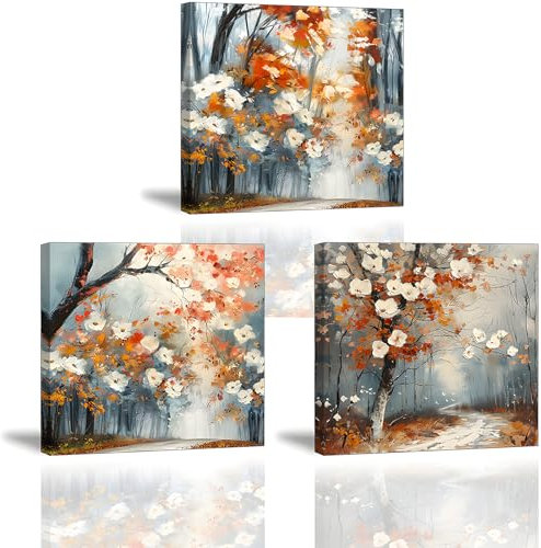 Piy Painting Lot de 3 Impression sur Toile d’Paysage, Routes de campagne, Fleurs épanouies Tableau sur toile Hiver Decoration Murale pour Salle de Bain Corridor Café, 30x30cm, Cadre Intérieur en bois