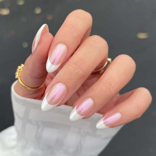 24PCS Natural False Nails - Almond French Tip False Nails - Nude French Style Pearl Glossy Press on Nails - Medium Length False Nails with Glue Removable Nails DIY Nail Art