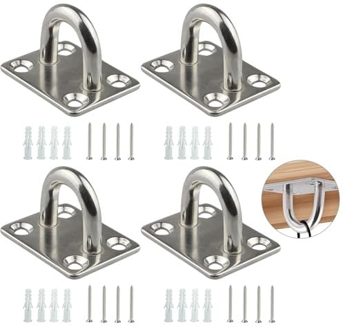 4 Pack Square Pad Eye Plate, M5 Heavy Duty Eye Pad Plate 304 Stainless Steel Square Ceiling Hooks, Heavy Duty Eye Plate Hook Metal Suspension Wall Mount U Eye Plates Eyes Ring Hook with Screws