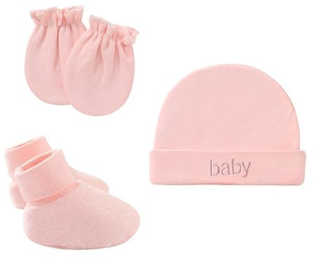 XPEX Set Di 3 Cappellino Per Ragazzi Ragazze e Paia Guanti Da Neonato,Berretti e Cappellini Per Bambino e Guantini Neonato Antigraffio Cotone,Adatto a Tutte Le Stagioni(Rosa)