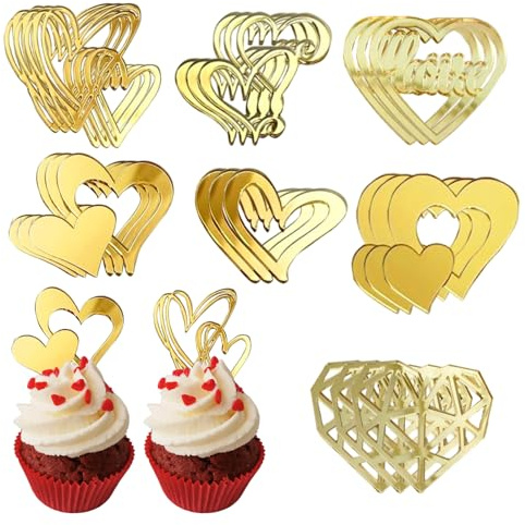 27 Pcs Love Heart Cupcake Toppers Acrylic Cake Topper Minimalist Gold Cake Decorations for Valentine's Day Anniversary Engagement Birthday Wedding Party Supplies