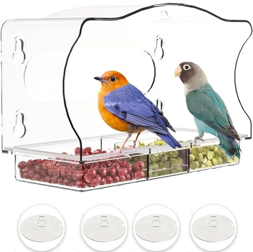 Bhina Vogelhaus Fensterscheibe mit Saugnäpfen, Vogelhaus Fenster Acryl mit Abnehmbarem Tablett, Bird Feeder Window, Fenster Futterhäuschen für Vögel, Transparentes Vogelhäuschen für Garten (2)