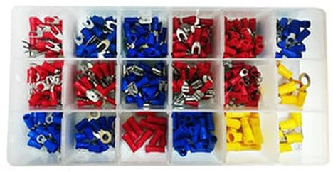 Set de terminales de 300 piezas, incluye diversas medidas para conexiones eléctricas y electrónicas, ideal para proyectos de soldadura y bricolaje.