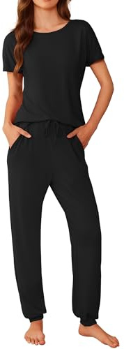 Ekouaer Womens Pyjamas Set Short Sleeve Cute Printed Long Pants 2 Piece PJ Sets Loungewear Sleepwear with Pockets, Black, S