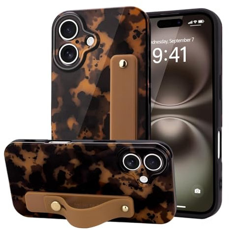 LAOPONUT for iPhone 16 Case,Leopard Print Phone Case With Wrist Strap for Women Girls,Wristband Finger Holder Stand Camera Protection Soft TPU Slim Cover for iPhone 16 6.1 Inch Brown