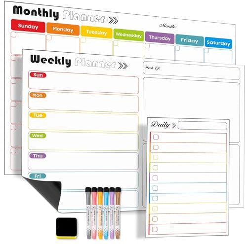 3 Pack Magnetic Dry Erase Calendar Whiteboard for Fridge, A3 Monthly, Weekly & A5 Daily Planners Dry Erase Reusable Fridge Planners with 6 Markers & Eraser (Classic B (Monthly + Weekly + Daily))