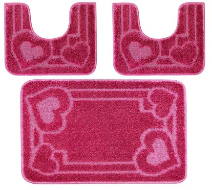 PARAMAISON Tappeti Bagno 3 Pezzi, Coordinati Design Cuori Morbido Antiscivolo Pelo Corto | Fucsia