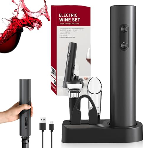 Set di cavatappi elettrico 6 in 1, apribottiglie automatico con tagliacapsule, tappo sottovuoto e versatore vino, stazione di ricarica USB, idea regalo perfetta per gli amanti del vino e le feste