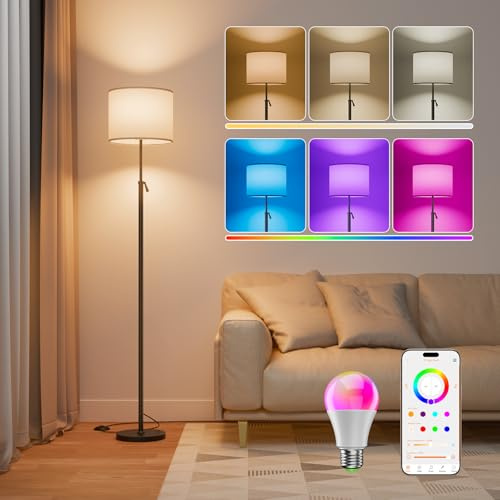 DUSKTEC Smart Floor Lamp RGB for Living Room, 175cm Tall Standing Lamp Height Adjustable, Alexa & APP Controlled, Colour Changing Standard Light for Bedroom, Warm and Cold White, 10W LED Bulb Included