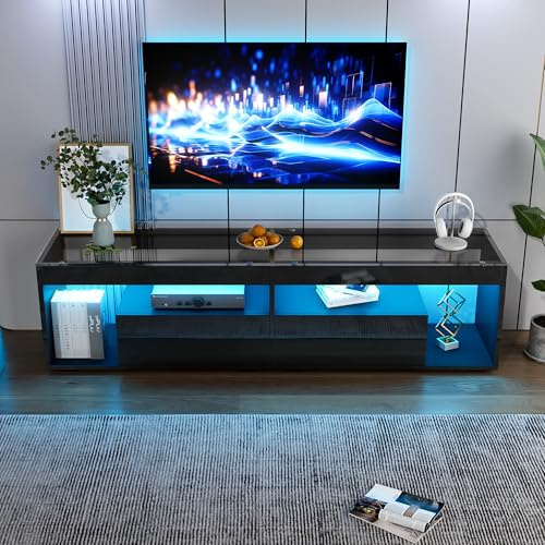 FammyLoft 180cm Hochglanz TV Schrank mit 2 Schubladen, TV Lowboard mit Stauraum, Fernsehschrank mit LED-Beleuchtung, Fernseher Schrank für 70-Zoll-Fernseher, Konsolentisch, Schwarz