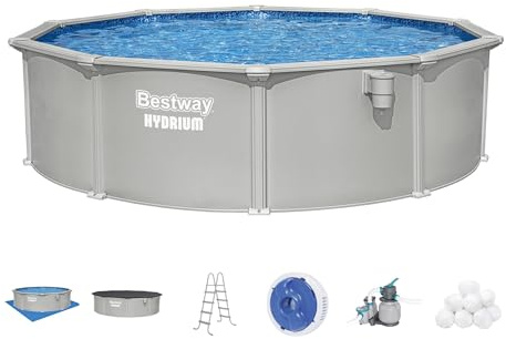 Bestway Hydrium 15' x 48 Above Ground Pool, Round Steel Side Wall Frame Outdoor Swimming Pool Set with Sand Filter Pump, Polysphere Filtration Balls, Ladder & Accessories