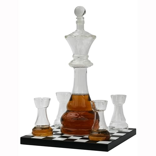 Connoisseur Creations Glass Chess Decanter and Rook Glasses with Chessboard Base