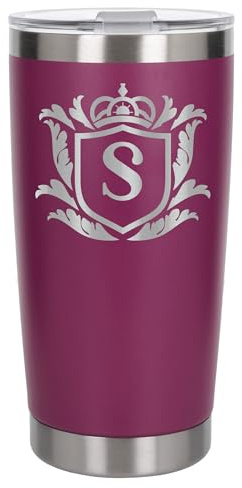 Customised Gifts 500ml Engraved Shield Initial Monogram Insulated Personalised Dark Pink Travel Mug for Men and Women - Personalised Initial Coffee Travel Mug for Hot and Cold Beverages, Letter S