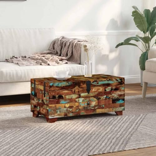 Qnhdfrt Vintage Coffee Table 80 x 40 x 35 cm Solid Reclaimed Wood Chest with 3 Storage Compartments and Drawer, Rustic Modern Side Table for Living Room, Lounge, Hallway