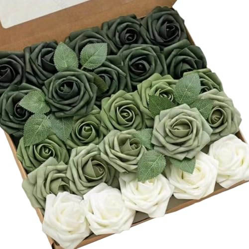 Peosaard Fiori verde smeraldo, fiori artificiali rose verdi, 25 pezzi in schiuma realistica con stelo, rose artificiali per bouquet da sposa fai da te, centrotavola per addio al nubilato
