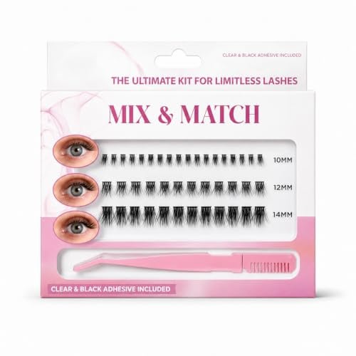HiFEN® Cluster Lashes Kit with Applicator & Adhesive | DIY Lash Extensions, Individual Eyelash Clusters 10mm 12mm 14mm, False Eyelashes Starter Kit