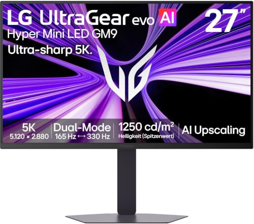 LG Ultragear™ evo 27GM950B-B 27 Zoll 5K IPS Hyper Mini LED Gaming-Monitor, 165Hz/330Hz, AI Upscaling, DisplayHDR 1000, AMD FreeSync Premium, 1x USB-C (90W), 2X HDMI 2.1, 1x DisplayPort 2.1, Schwarz