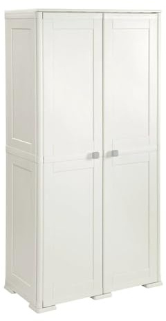 MA MAISON Armadio Alto in Plastica 79x43x164 cm. con 2 Ante e Vano Portascopa – Mobile Contenitore Multiuso Salvaspazio per Organizzazione Casa, Lavanderia e Ripostiglio (Panna)
