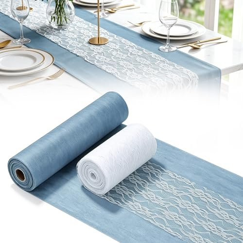 VIRETH HAUS Tischdeko Set Rauchblau, 2 Rollen Tischband zum Zuschneiden | Vlies Tischläufer 0,3mx25m + Spitzenband Weiß 0,15mx25m, für Kommunion, Taufe, Konfirmation, Hochzeit, Geburtstag, Abschluss