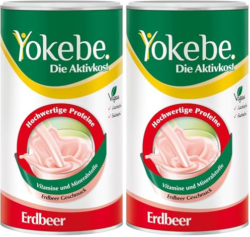 YOKEBE Erdbeer – Diätshake zum Abehmen – glutenfrei, laktosefrei und vegan – Mahlzeitersatz zur Gewichtsabnahme mit hochwertigen Proteinen – Erdbeer-Geschmack – 500 g (Packung mit 2)