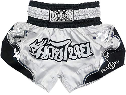 FLUORY Muay Thai Shorts, reißfeste Boxshorts MMA Kampfkick Bekleidung für Männer Frauen Kinder Kampfsport Training Grappling L weiß