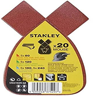 STANLEY STA31029-QZ Quick Fit Sanding Sheets for Black+Decker Mouse, Assorted Grit, Pack of 20