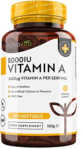Vitamin A 8,000IU – 365 Softgels – Vitamin A Supplement for Normal Skin, Eyes & Immune System – No Soybean or Fish Liver Oil – 2400μg Vitamin A Capsules not Tablets – Made in The UK by Nutravita