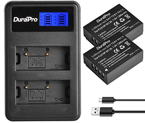 DuraPro 2Packs NP-W126 Akku + LCD Dual USB Ladegerät für Fujifilm NP-W126 NP-W126S Akku; Fuji FinePix HS30EXR HS33EXR HS50EXR X-A1 X-E1 X-E2 X-M1 X-Pro1 X-T1 X-T2 Kameras