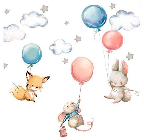 Little Deco Wandtattoo Babyzimmer Hase Fuchs und Maus I Wandbild S - 73 x 40 cm (BxH) I Luftballons Sterne Kinderbilder Junge Kinderzimmer Mädchen Aufkleber DL312