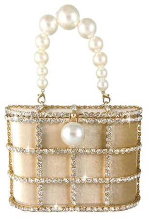 Boutique De FGG Abendhandtaschen mit Perle Strass Clutches für Hochzeit Party Kristall Eimer Tasche Schultertaschen,Klein,Gold