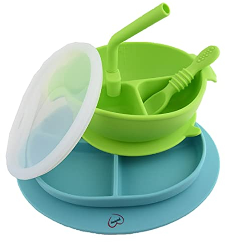 Yummy Baby Toddler Weaning Silicone Suction Divided Plate Bowl with Lid & Matching Spoon and Straw -Kids Placemat Stay Put Non Slip Feeding Dish BPA Free -((Green Set)
