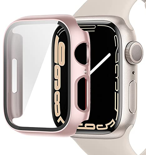 Miimall Kompatibel mit Apple Watch Series 9/8/7 45mm 41mm Hülle mit Glas Displayschutz, Ultradünne PC Schutzhülle Vollschutz Kratzfest Displayschutzfolie Schutz Case für iWatch 41mm - Roségold
