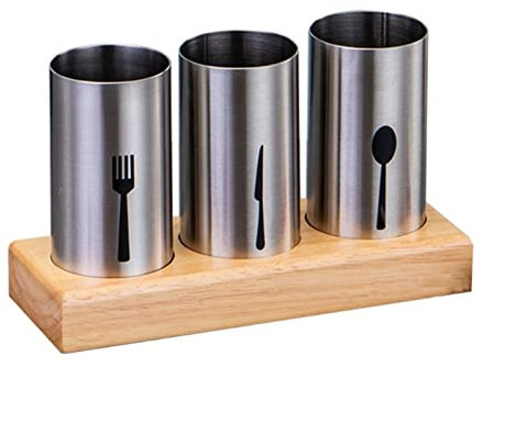 FURUIWUFENG Broom stand Flatware Holder Stainless Steel Cutlery Basket with Wooden Base Stand for Forks Storage tool rack