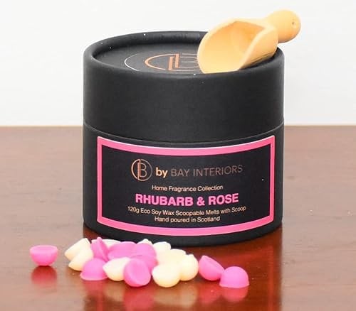 by Bay Interiors Eco Soy Scoopable Wax Melts Highly Scented Vegan No Plastic 120g (Rhubarb & Rose) with Natural Wooden Scoop 15% Fragrance Oil Gifting Idea