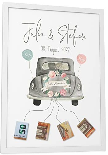 Papierschmiede® Personalisiertes Geldgeschenk Hochzeit mit Namen, Hochzeitsgeschenk für Brautpaar | Poster mit Rahmen A4 (21x30 cm) | Verpackung Geldgeschenke Geschenk Bild „Wedding Money“