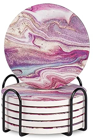 Coasters for Drinks, Round Absorbent Ceramic Stone Coasters Set of 6 with Cork Base, Funny Drink Coasters with Holder for Cold Drinks Wine Mugs and Cups Tabletop Protection, 4 Inches (Purple)