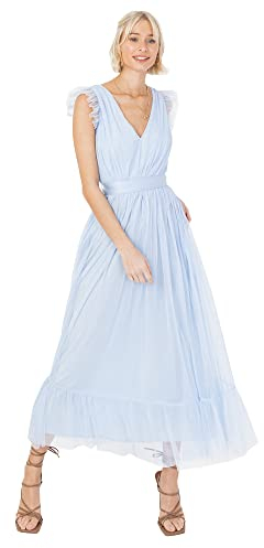 Anaya with Love Damen Ladies Maxi Dress for Women V Neckline Sleeveless Frilly for Wedding Guest Bridesmaid Prom Long High Empire Waist Tiered Kleid, Light Blue, 38