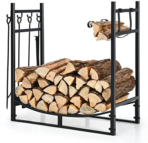 GOPLUS Range Bûches Décoratif, Porte Bûches en Acier Résistant avec Pieds Surélevés, 6 Crochets et 4 Outils, Charge de 50 kg, Serviteur Cheminée pour Intérieur Extérieur
