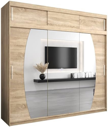 MEBLE KRYSPOL Elypse 250 Schlafzimmerschrank mit DREI Schiebetüren, Spiegel, Kleiderstange und Regalen – 250x240x62cm - Sonoma mit Verlängerung