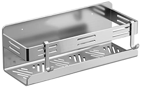 Biutimarden Duschablage Ohne Bohren,Selbstklebend Rostfreier Stahl Wandmontiertes Badezimmer Regal mit 2 Haken Schnelle Entwässerung Duschkorb für Badezimmer Küche(20CM,Chrom)