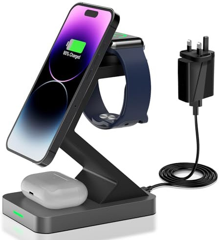 3-in-1 Magnetic Wireless Charger Compatible with Mag-Safe Charger - 15W Fast Charging Station for Apple Devices, Phone Stand for iPhone 15/14/13/12/Pro Max/Plus AirPods Pro Watch 9/8/Ultra(Black)
