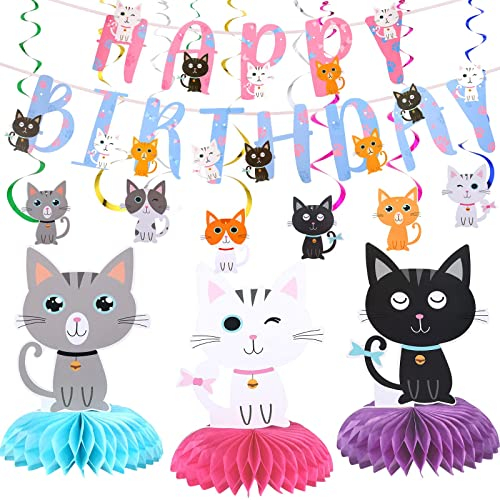 IOSPKKIO® 16-Teiliges Geburtstagsparty-Dekorationsset mit Katzenmotiven, mit Banner, Hängenden Ausschnitten, Wirbeldekor und Waben,für Kinder – Niedliches Partyzubehör