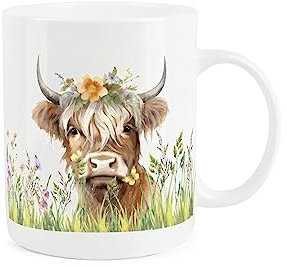Purely Home Highland Cow Mug - Blonde Highland Cow Floral Crown Animal Gift/Present - Tea Coffee White Bone China Mug