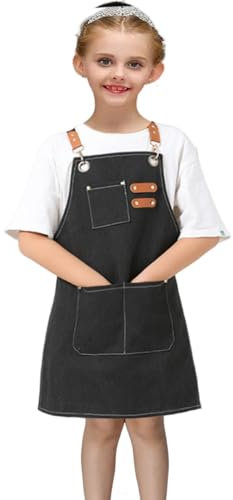 USCHAILIQIANG Delantales ajustables para niños, impermeables, para cocinar, pintar, jardinero, lona, delantal para niñas y niños de 6 a 12 años, Negro -, talla única