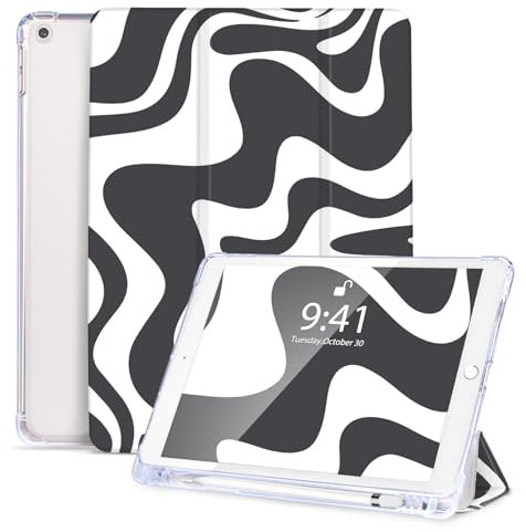 Vozehui Case for iPad 10.2 inch 9th/8th/7th Generation (2021/2020/2019 Model), Shockproof Case Cute Wavy Pattern Design Cover with Pencil Holder, Auto Wake/Sleep for 10.2 iPad (Black-white Wavy)
